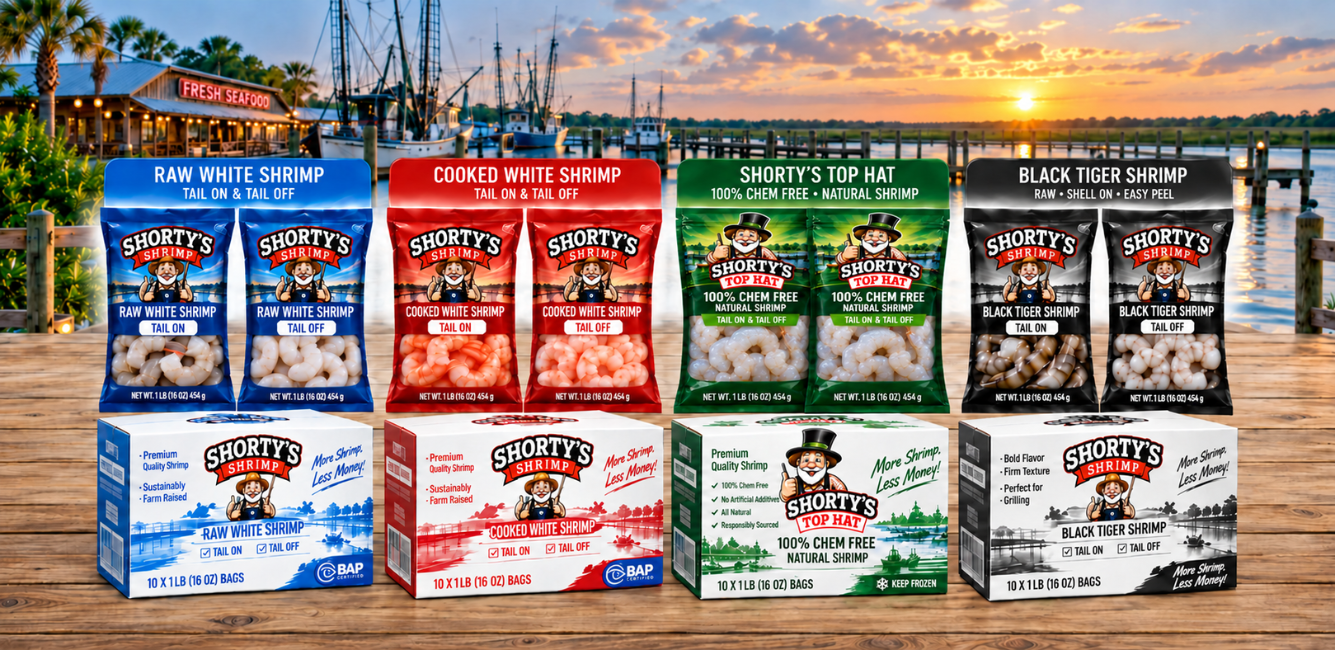 Shorty's raw white, cooked white, organic Top Hat, and black tiger shrimp bags and case packaging